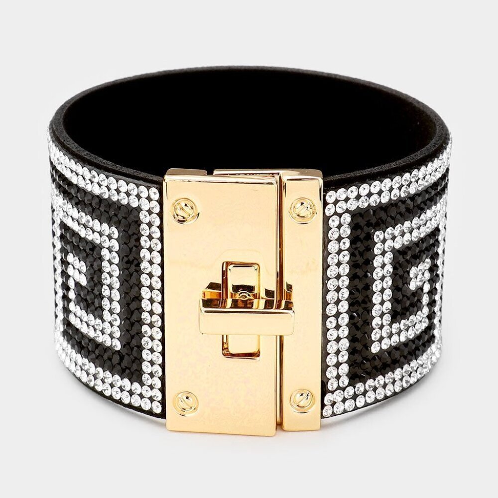Greek Key Rhinestone Wide Turn Lock Bracelet - Picture 2 of 2